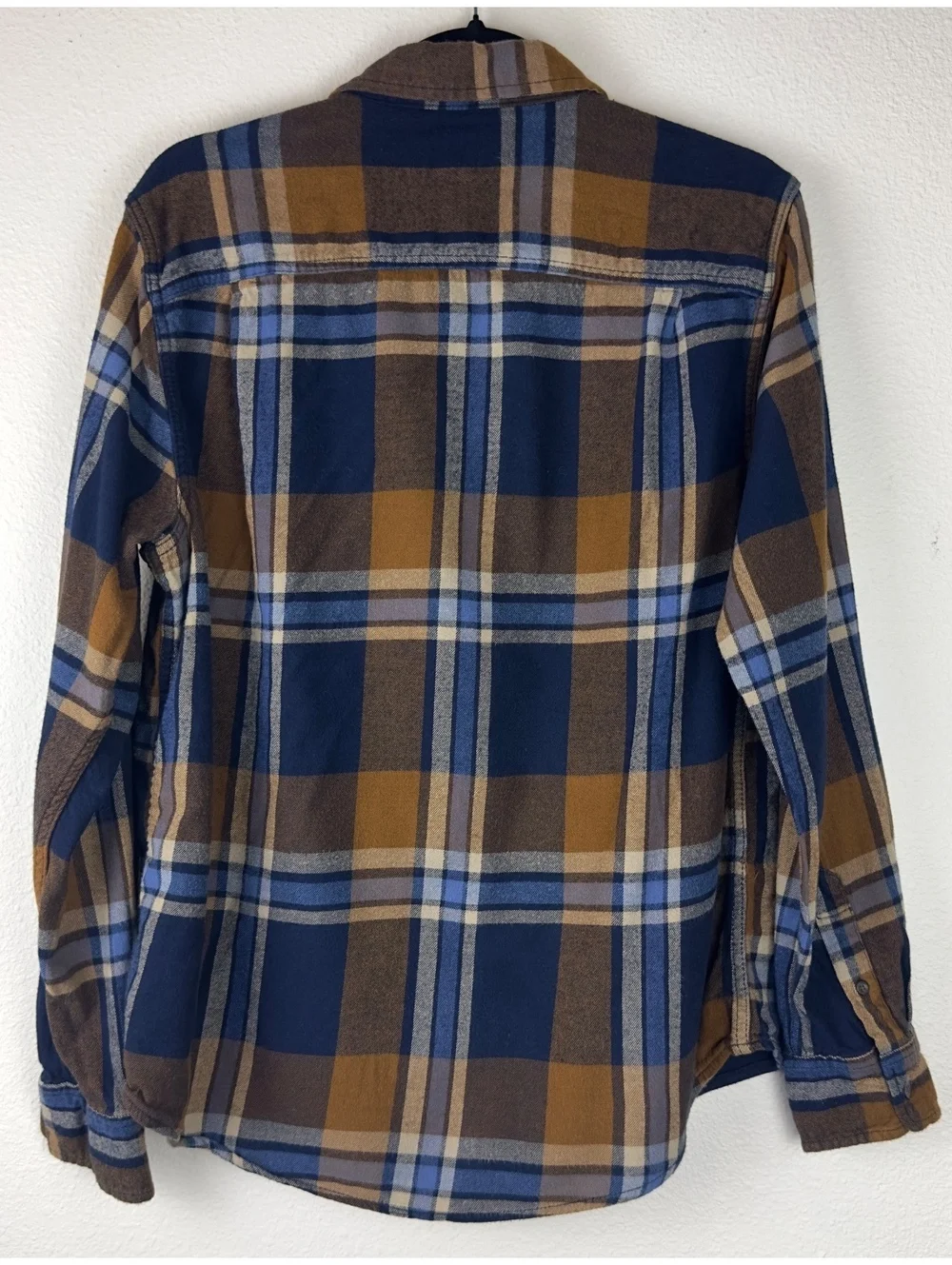 George Men’s L Plaid Flannel Shirt Blue Brown Tan Long Sleeve Workwear Button Up